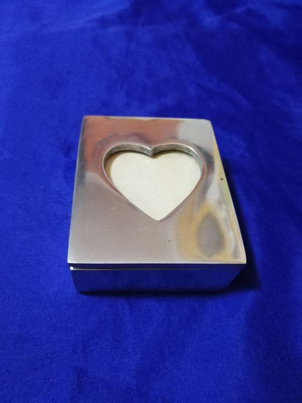 Small Pewter Keepsake box with Heart Shaped Recessed Photo Frame- Vintage