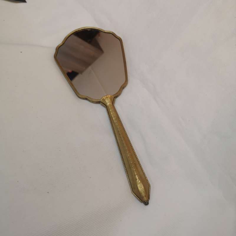1950s/60s vintage floral dressing table handheld vanity mirror. Gold tone mirror.