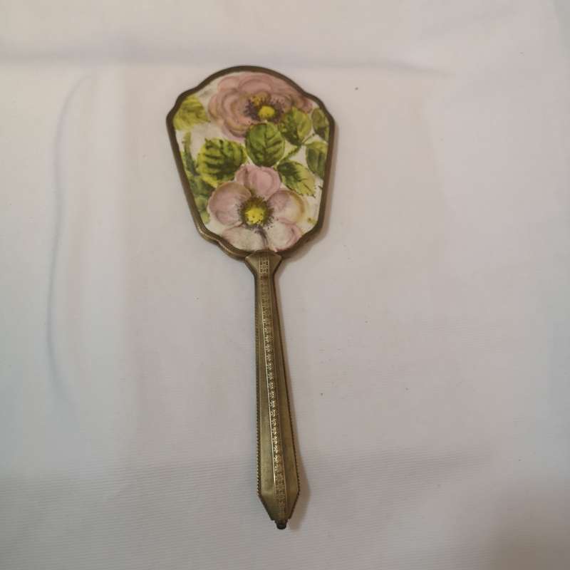 1950s/60s vintage floral dressing table handheld vanity mirror. Gold tone mirror.