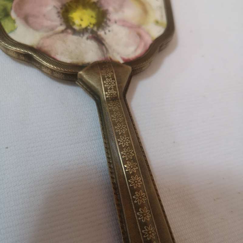 1950s/60s vintage floral dressing table handheld vanity mirror. Gold tone mirror.