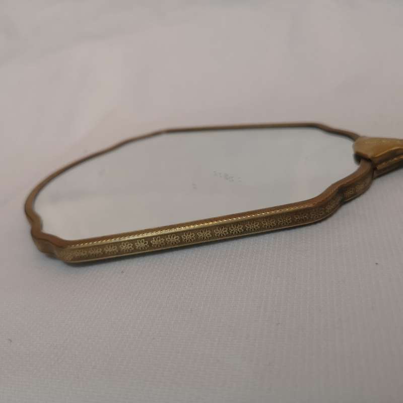 1950s/60s vintage floral dressing table handheld vanity mirror. Gold tone mirror.