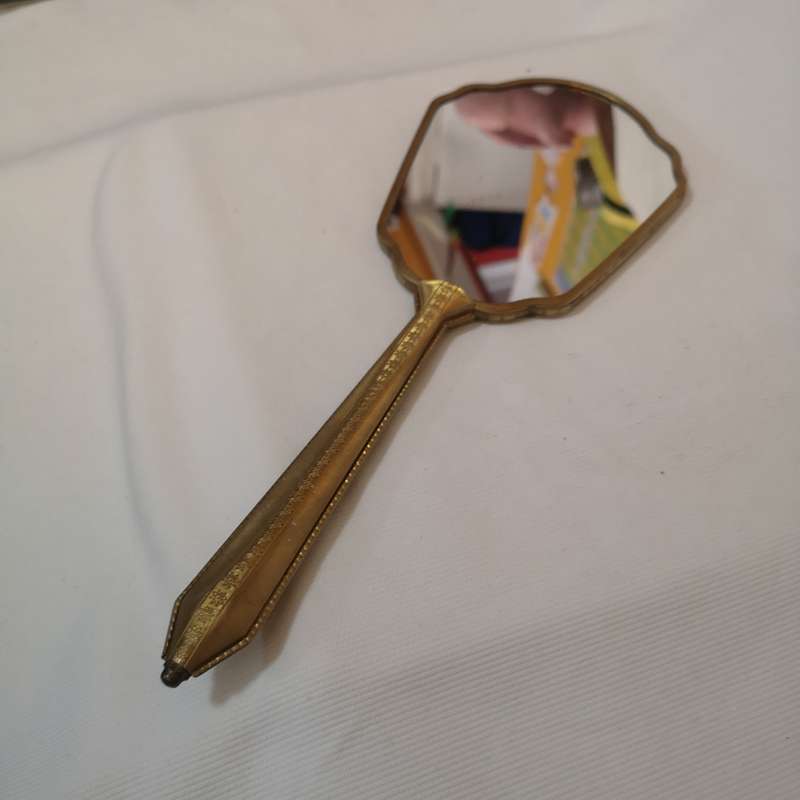 1950s/60s vintage floral dressing table handheld vanity mirror. Gold tone mirror.