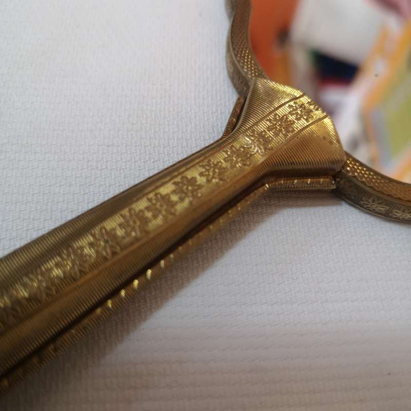1950s/60s vintage floral dressing table handheld vanity mirror. Gold tone mirror.