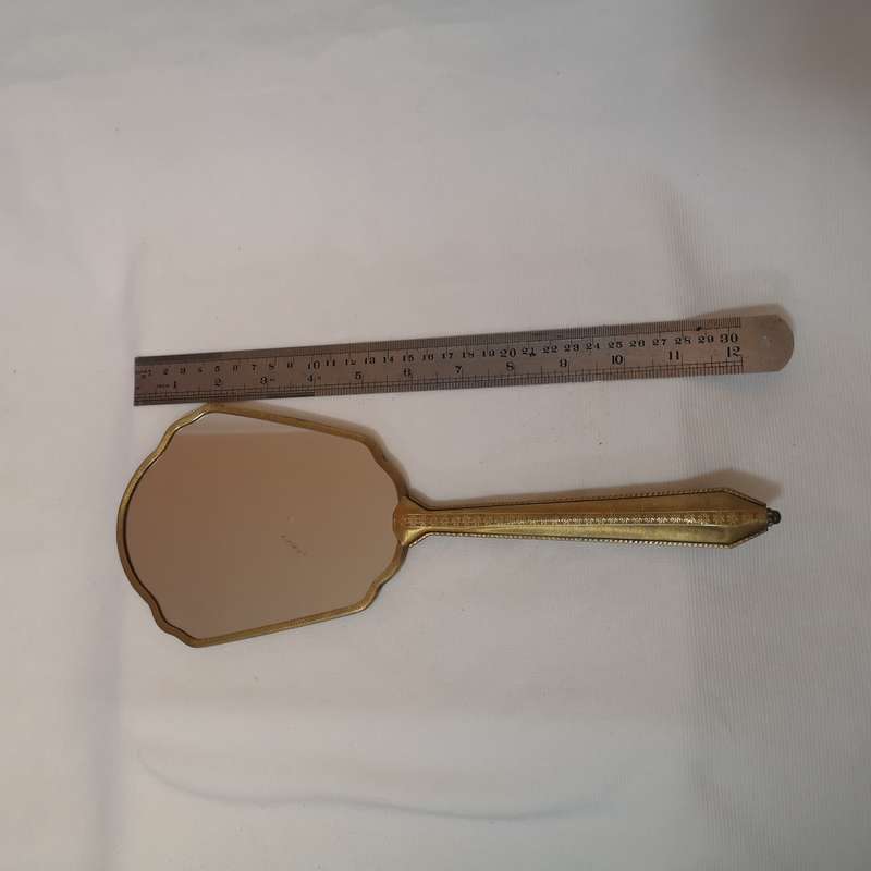 1950s/60s vintage floral dressing table handheld vanity mirror. Gold tone mirror.
