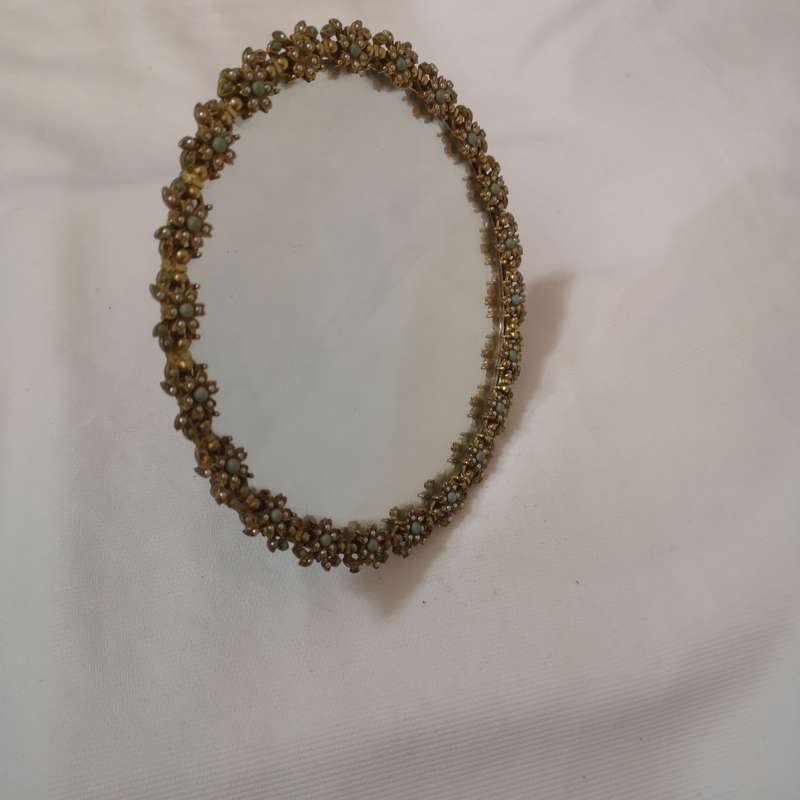 MIRELLA Made in England - Stunning Mirror Gold Plated Floral frame with Seed Pearls & Turquoise