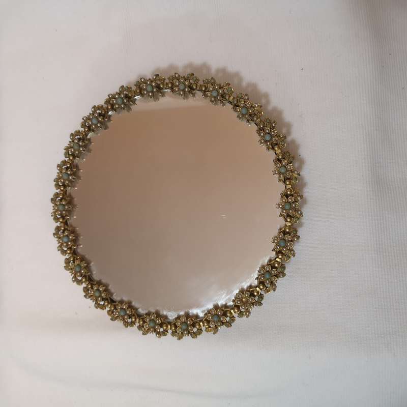 MIRELLA Made in England - Stunning Mirror Gold Plated Floral frame with Seed Pearls & Turquoise