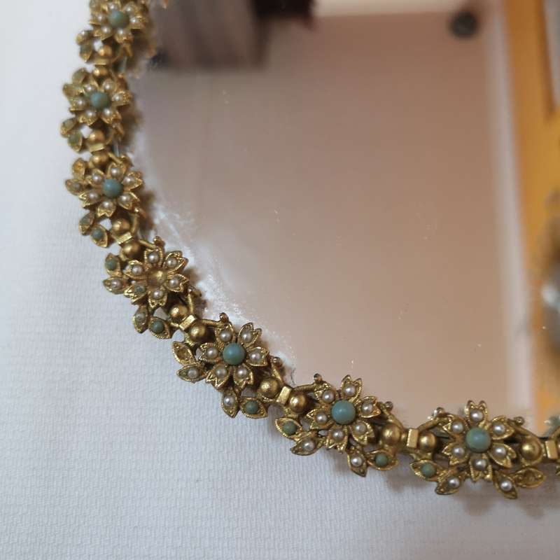 MIRELLA Made in England - Stunning Mirror Gold Plated Floral frame with Seed Pearls & Turquoise