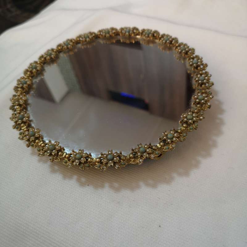 MIRELLA Made in England - Stunning Mirror Gold Plated Floral frame with Seed Pearls & Turquoise