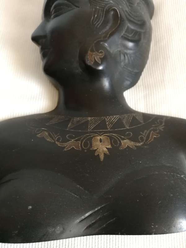 Vintage INDIAN Bidri Metal Sculptual Figure / Wall Hanging of a Lady. With Decorative Silver Inlays