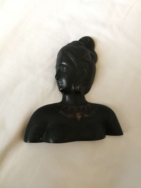 Vintage INDIAN Bidri Metal Sculptual Figure / Wall Hanging of a Lady. With Decorative Silver Inlays