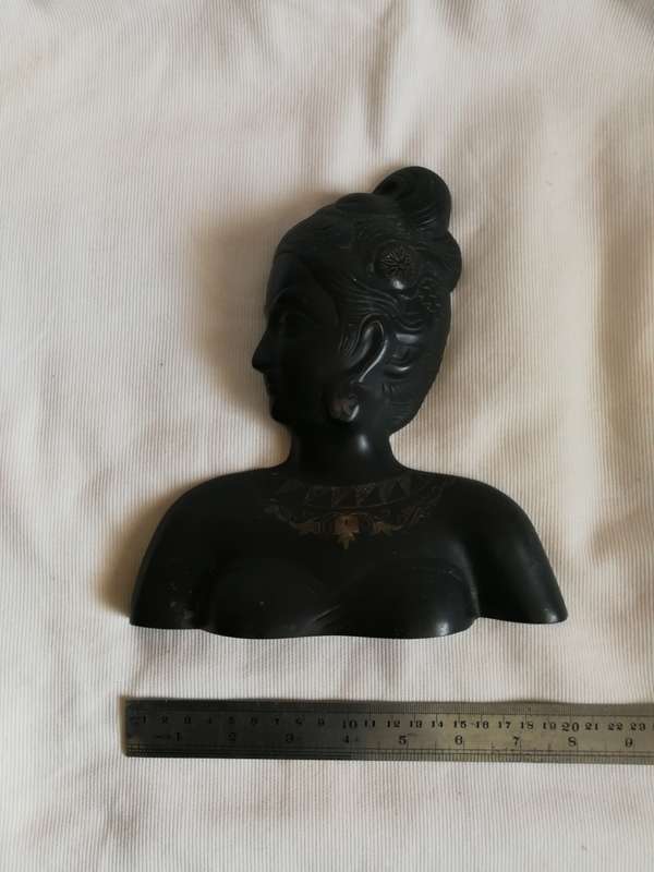 Vintage INDIAN Bidri Metal Sculptual Figure / Wall Hanging of a Lady. With Decorative Silver Inlays