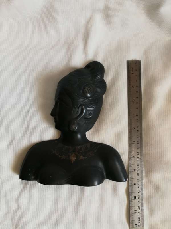 Vintage INDIAN Bidri Metal Sculptual Figure / Wall Hanging of a Lady. With Decorative Silver Inlays