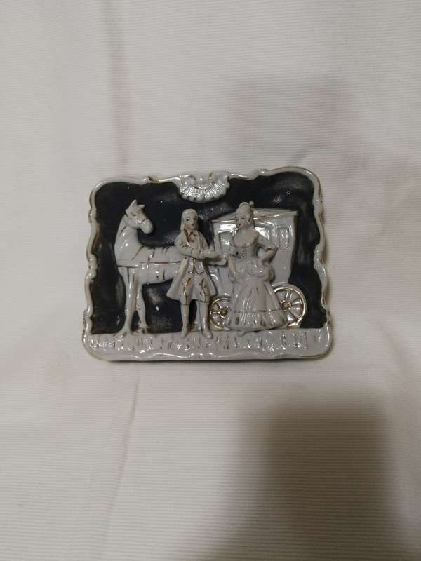 Vintage porcelain courting colonial couple wall hangings - horse and carriage - Japanese