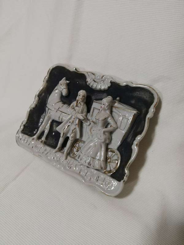 Vintage porcelain courting colonial couple wall hangings - horse and carriage - Japanese