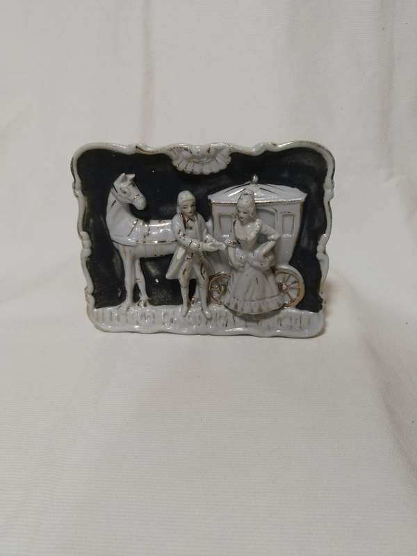 Vintage porcelain courting colonial couple wall hangings - horse and carriage - Japanese
