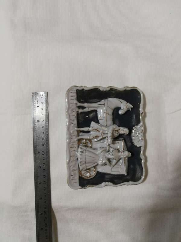 Vintage porcelain courting colonial couple wall hangings - horse and carriage - Japanese