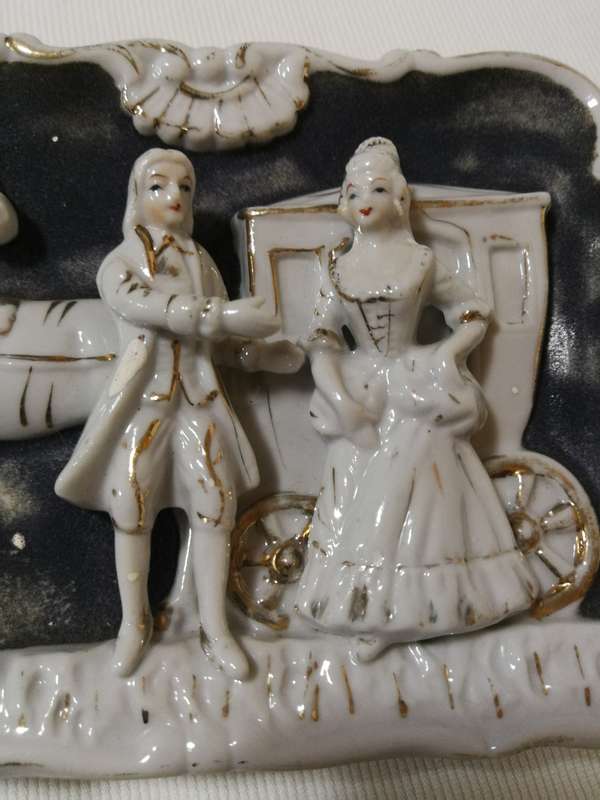 Vintage porcelain courting colonial couple wall hangings - horse and carriage - Japanese
