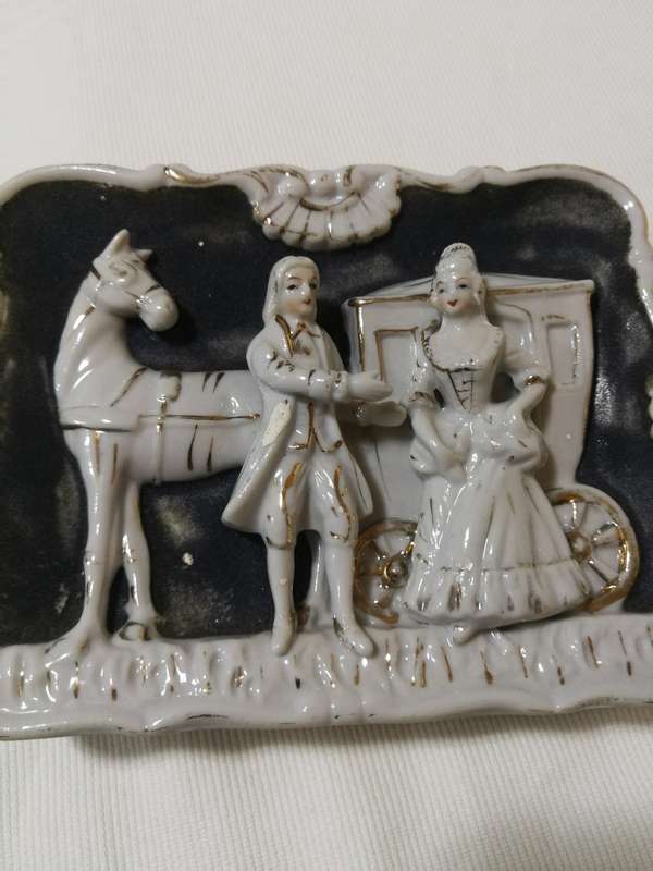 Vintage porcelain courting colonial couple wall hangings - horse and carriage - Japanese