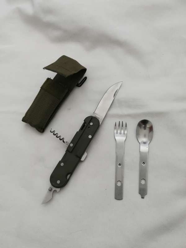 European Military 4-in-1 Knife Fork Spoon Screw Survival Camping Chow Set w Case