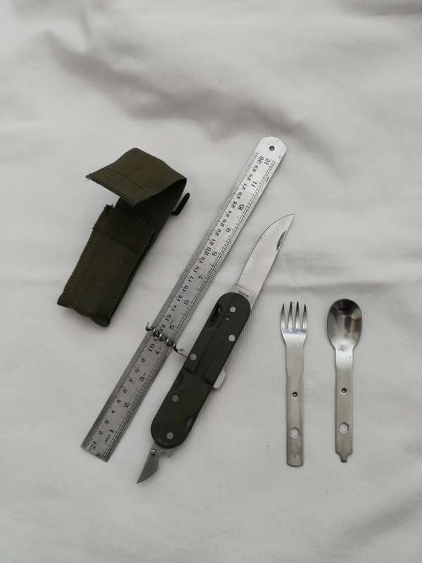 European Military 4-in-1 Knife Fork Spoon Screw Survival Camping Chow Set w Case