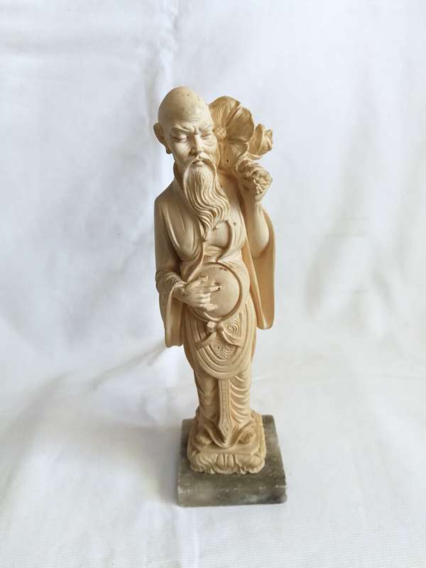 Vintage Italian Alabaster Asian Man Figurine Statue on a Marble Pedestal