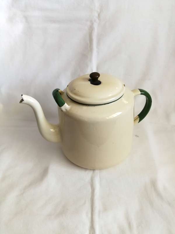 VINTAGE ENAMEL CREAM WITH GREEN BEAUTIFUL  TEA POT KETTLE