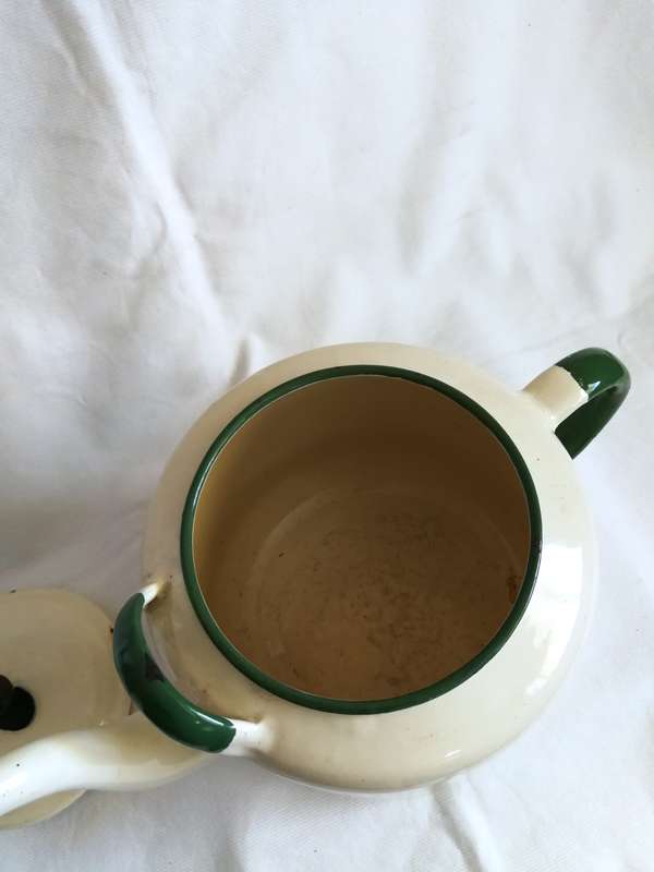 VINTAGE ENAMEL CREAM WITH GREEN BEAUTIFUL  TEA POT KETTLE