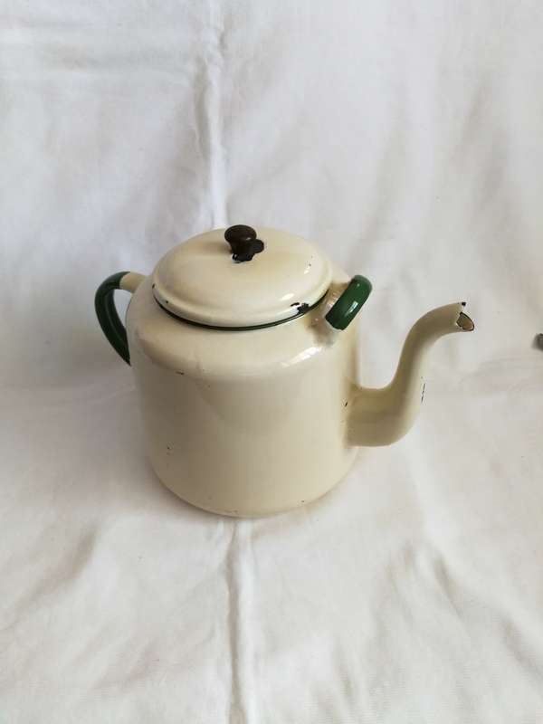VINTAGE ENAMEL CREAM WITH GREEN BEAUTIFUL  TEA POT KETTLE