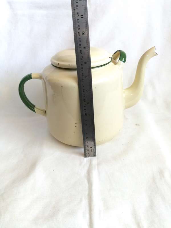 VINTAGE ENAMEL CREAM WITH GREEN BEAUTIFUL  TEA POT KETTLE