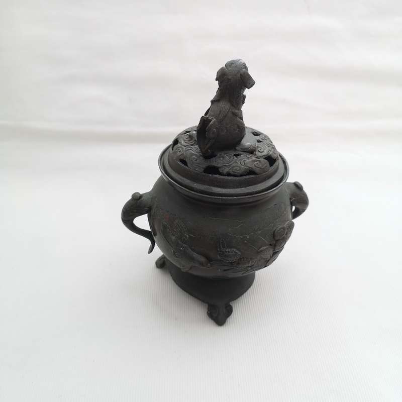 Antique Chinese Bronze Censer / Incense Burner, Foo Dog/Lion on Lid