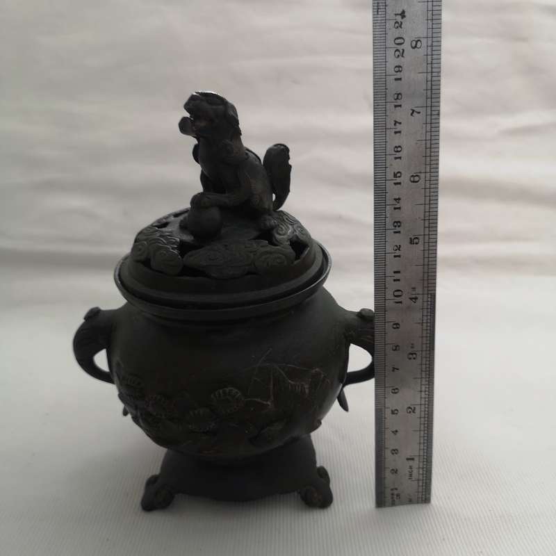 Antique Chinese Bronze Censer / Incense Burner, Foo Dog/Lion on Lid