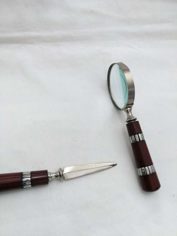 Vintage Wooden Handle Magnifying Glass & Letter Opener Set- Stainless steel frame and trims
