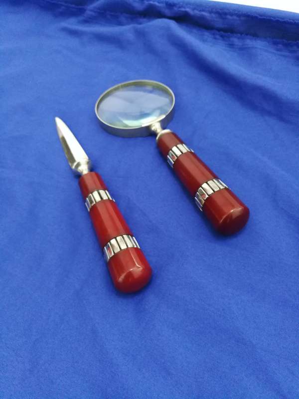 Vintage Wooden Handle Magnifying Glass & Letter Opener Set- Stainless steel frame and trims
