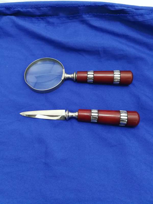 Vintage Wooden Handle Magnifying Glass & Letter Opener Set- Stainless steel frame and trims
