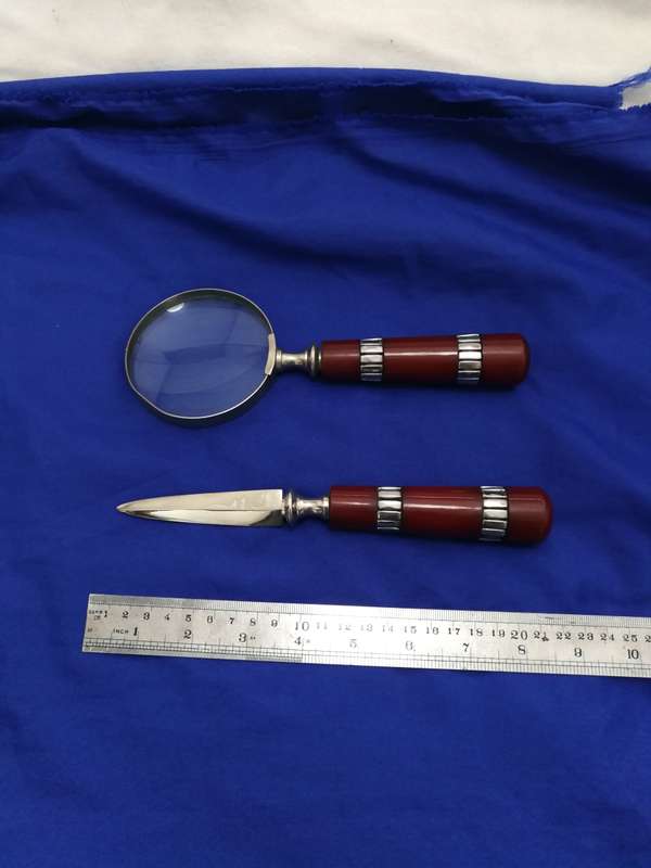 Vintage Wooden Handle Magnifying Glass & Letter Opener Set- Stainless steel frame and trims