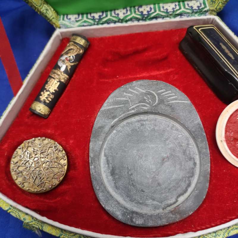 Chinese hand carved stone chop stamp, calligraphy set with red ink, orig box. Vintage