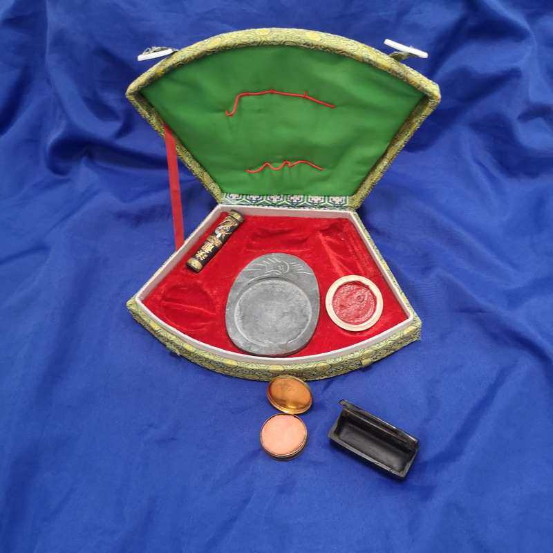 Chinese hand carved stone chop stamp, calligraphy set with red ink, orig box. Vintage