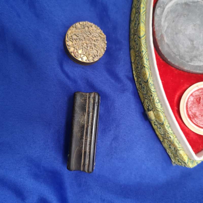 Chinese hand carved stone chop stamp, calligraphy set with red ink, orig box. Vintage