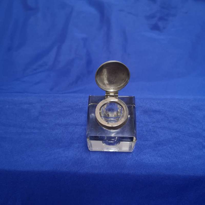 Hallmarked Sterling Silver & Glass Inkwell Birmingham 1900s
