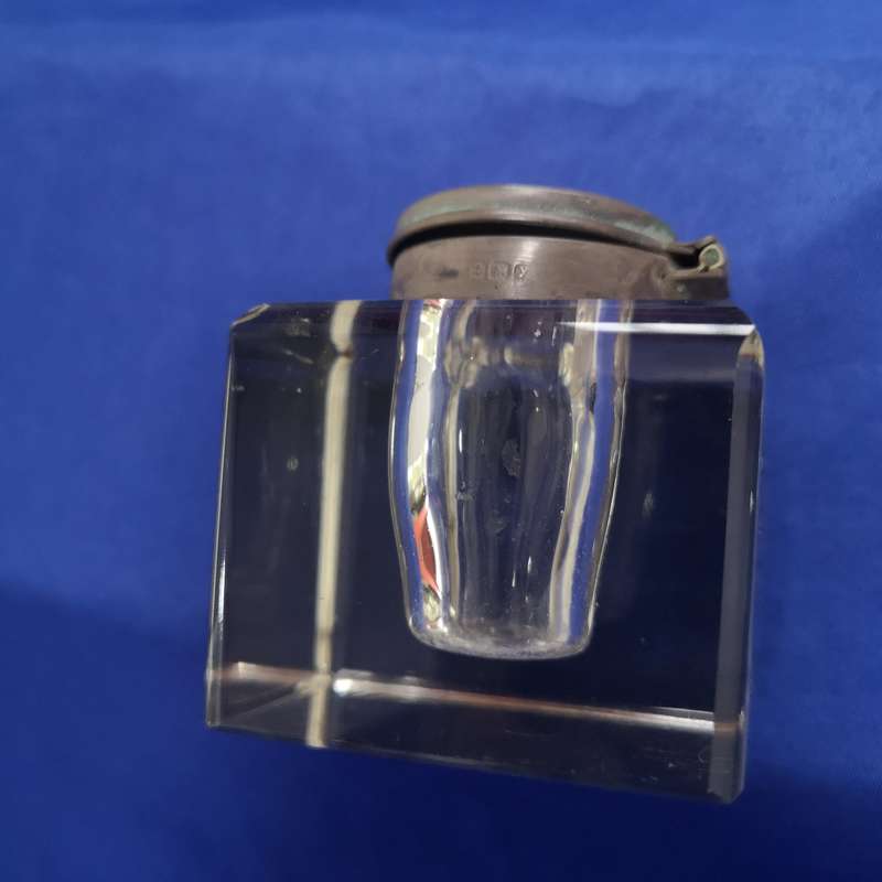 Hallmarked Sterling Silver & Glass Inkwell Birmingham 1900s