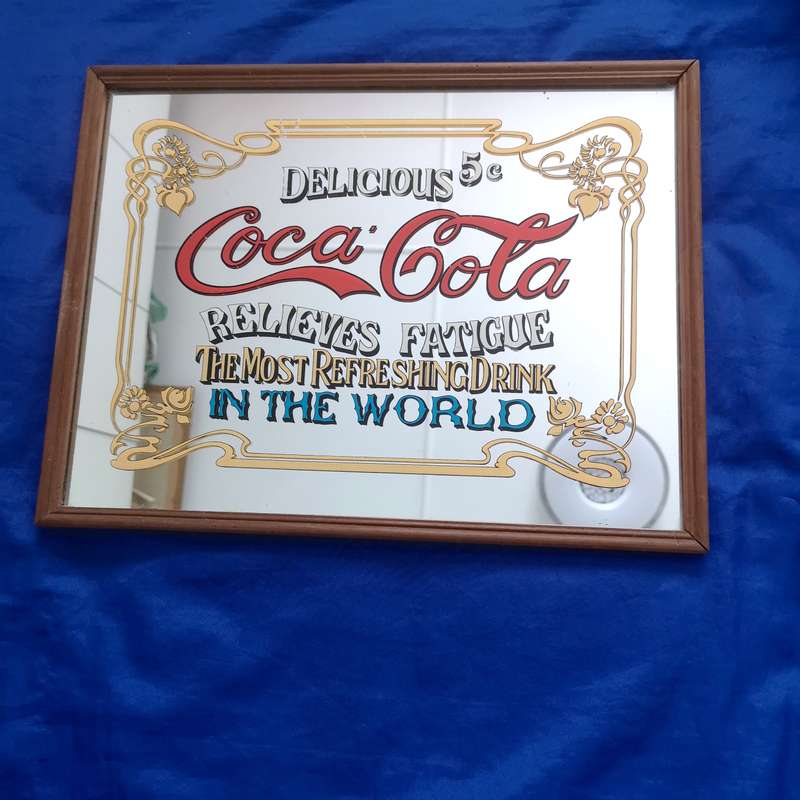 Vintage Framed Coca Cola Mirror - 5 Cents, Delicious Relieves Fatigue