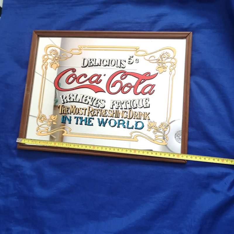Vintage Framed Coca Cola Mirror - 5 Cents, Delicious Relieves Fatigue