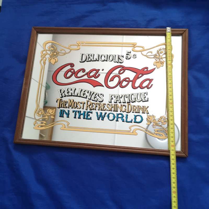 Vintage Framed Coca Cola Mirror - 5 Cents, Delicious Relieves Fatigue