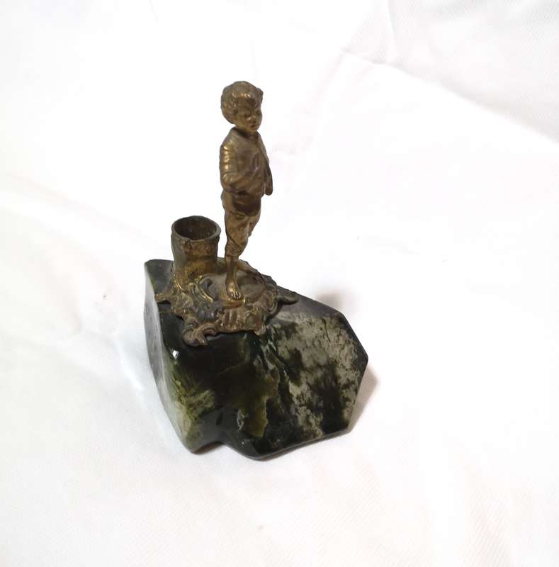 Antique Metal Candle Holder Boy on Polished Green Marble Rock- See Hallmark