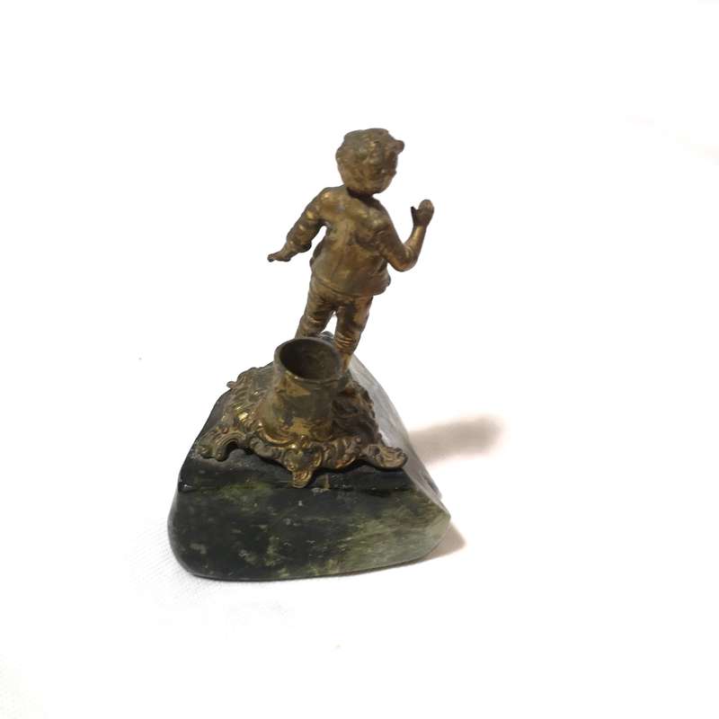 Antique Metal Candle Holder Boy on Polished Green Marble Rock- See Hallmark