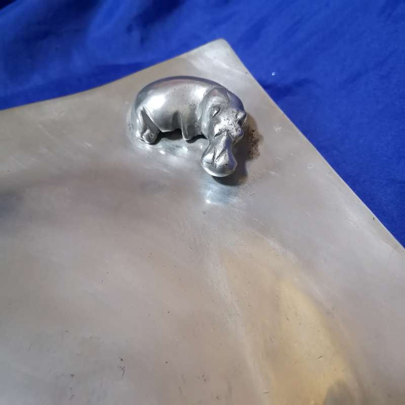 Pewter Display Tray with Seated Hippo- Vintage