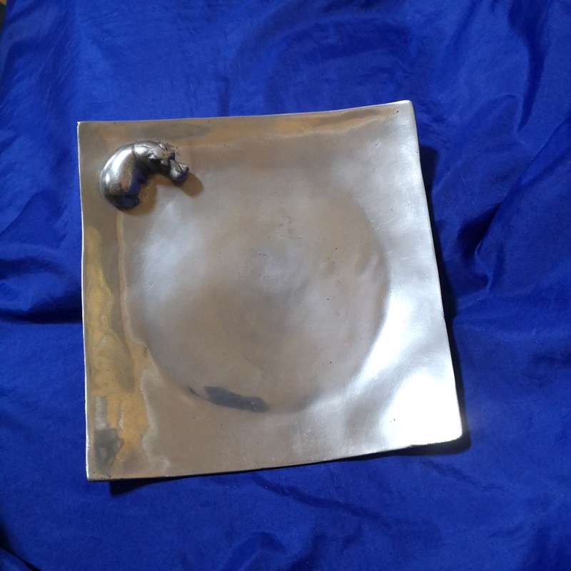 Pewter Display Tray with Seated Hippo- Vintage