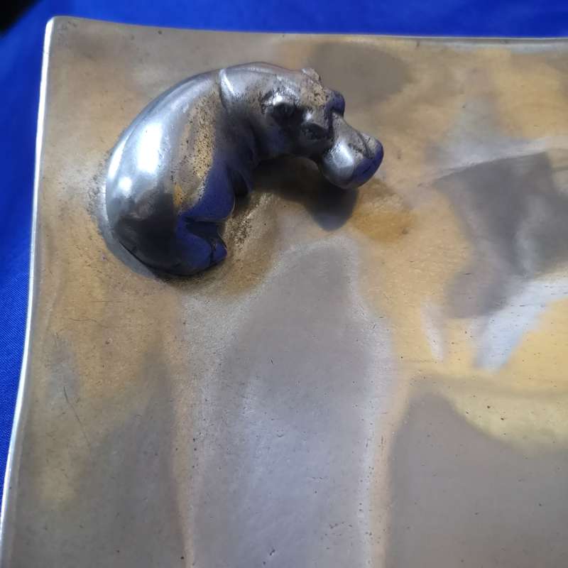 Pewter Display Tray with Seated Hippo- Vintage