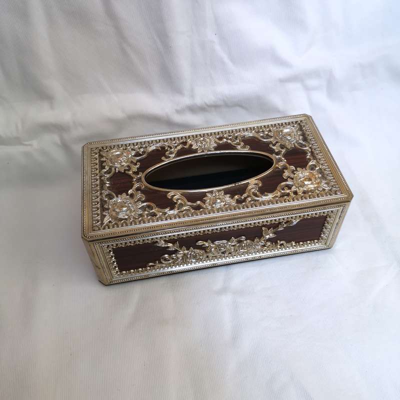 70s Kleenex Cover Box Woodgrain & Goldtone Finish- Made in Taiwan