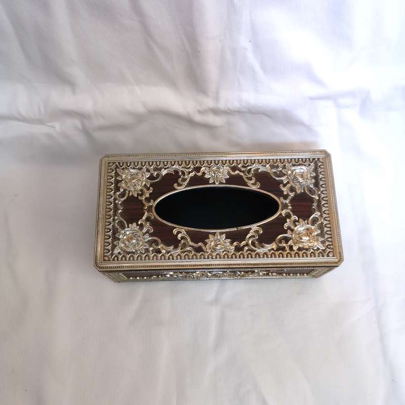 70s Kleenex Cover Box Woodgrain & Goldtone Finish- Made in Taiwan